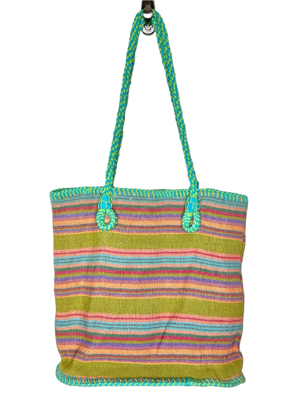 Catstudio Striped Multicolor Tote Bag with Turquoise Trim Boho Artsy Sustainable